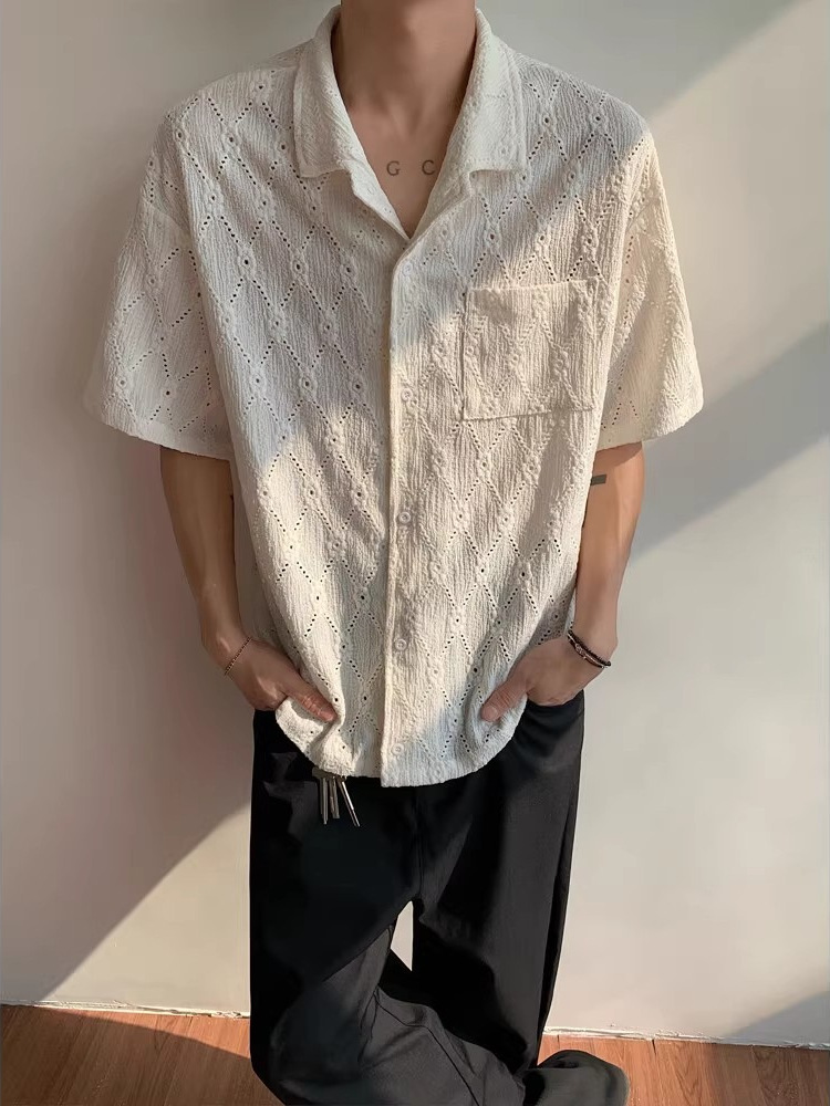 Old Qian Feng brown Hollow Short-sleeved Shirt Men's Summer Breathable Half-sleeved Shirt Cuban Collar Draped Half-sleeved Jacket
