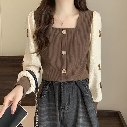 French-style long-sleeved V-neck base shirt for women, suitable for spring and autumn, stylish faux two-piece with bow trim, designed to make plus-size women look slimmer