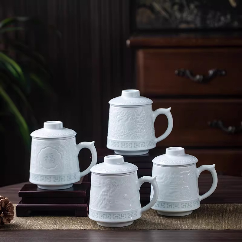 景德镇陶瓷商务专用茶水分离带手柄杯子商务办公杯十二生肖玲珑杯