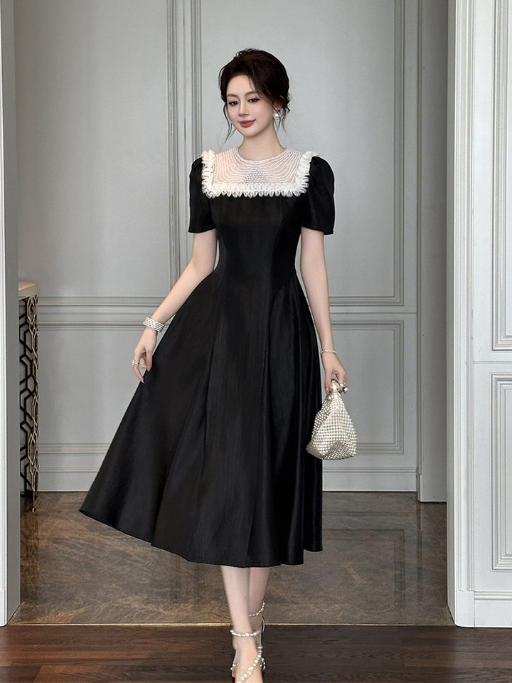 Váy maxi nữ thắt eo kiểu Hepburn thanh lịch, dáng xòe eo thon — Màu đen