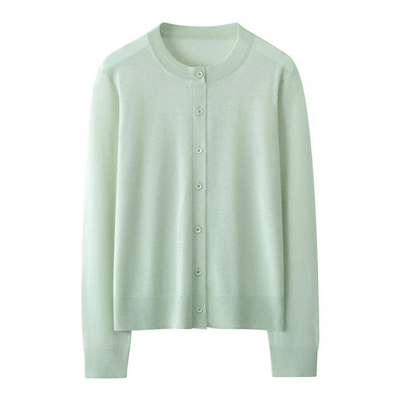 2025 New Summer Style 26-Count Worsted Wool Round Neck Knitted Cardigan Long-Sleeved Women's Pure Color Loose Versatile Top