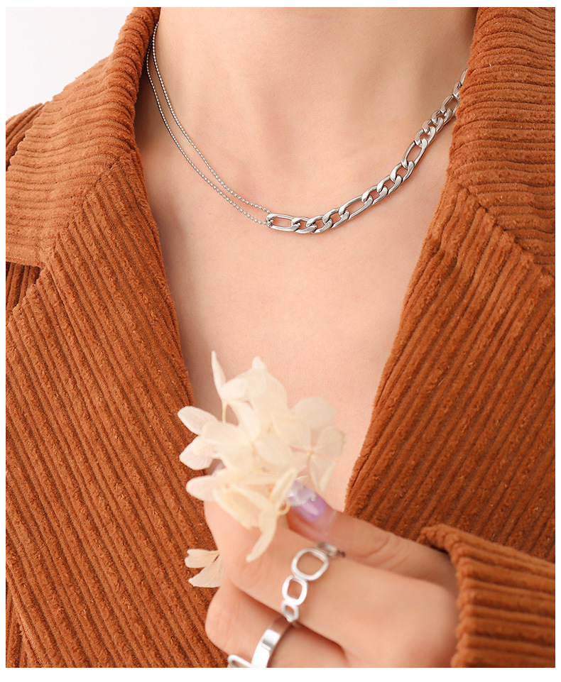 simple double layer round bead necklace titanium steel bracelet set