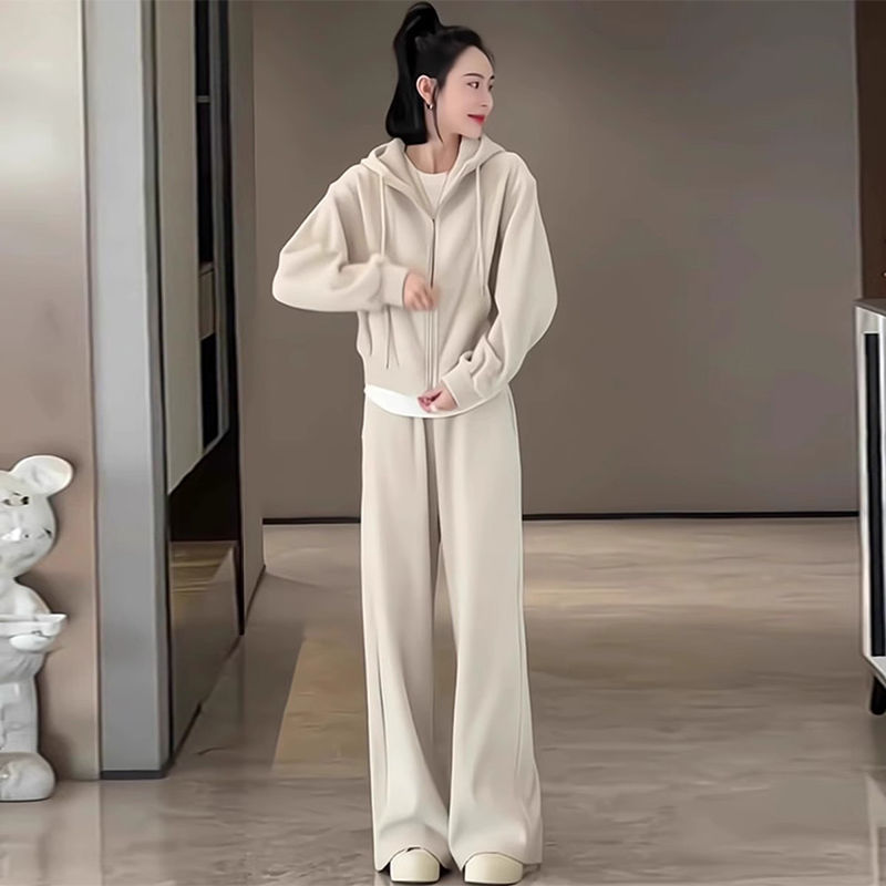 网红时尚运动服套装女秋冬加绒加厚连帽卫衣阔腿裤休闲两件套跑步|undefined