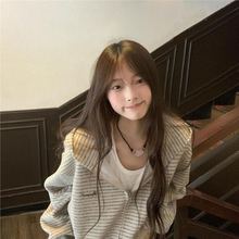 美式条纹刺绣字母连帽开衫卫衣男女情侣百搭宽松慵懒风时尚外套潮