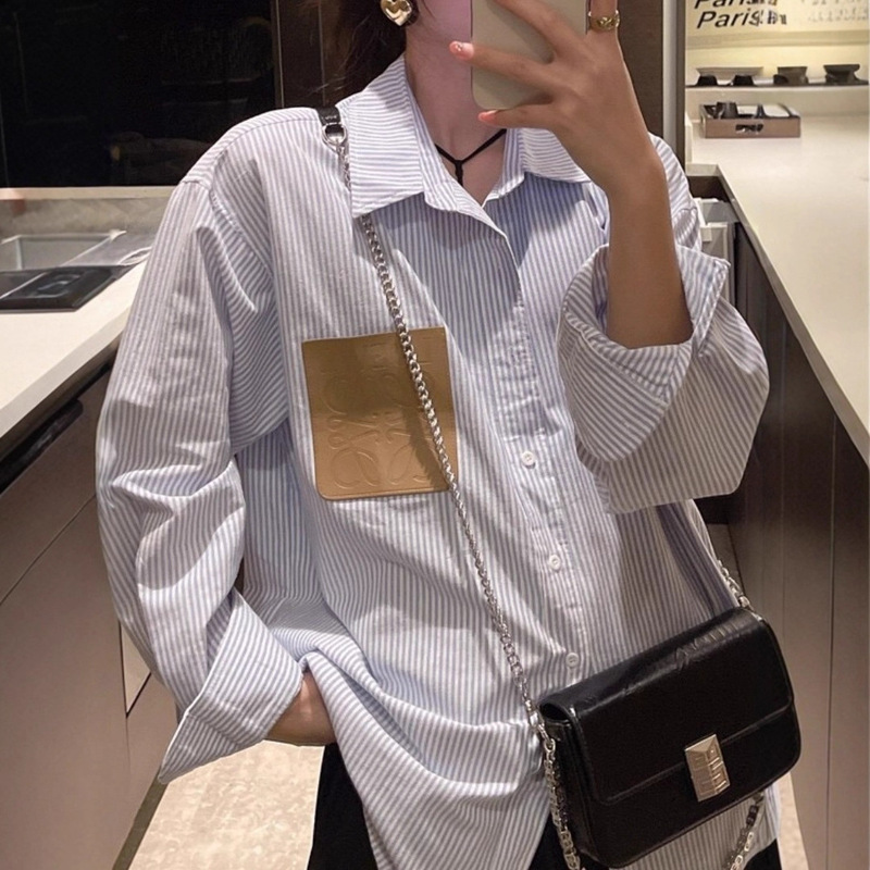 Lowe Leather Pocket Striped Long-Sleeve Shirt for Women, Spring and Summer Casual Loose Lazy Style Top, Unisex Style, Thin Material