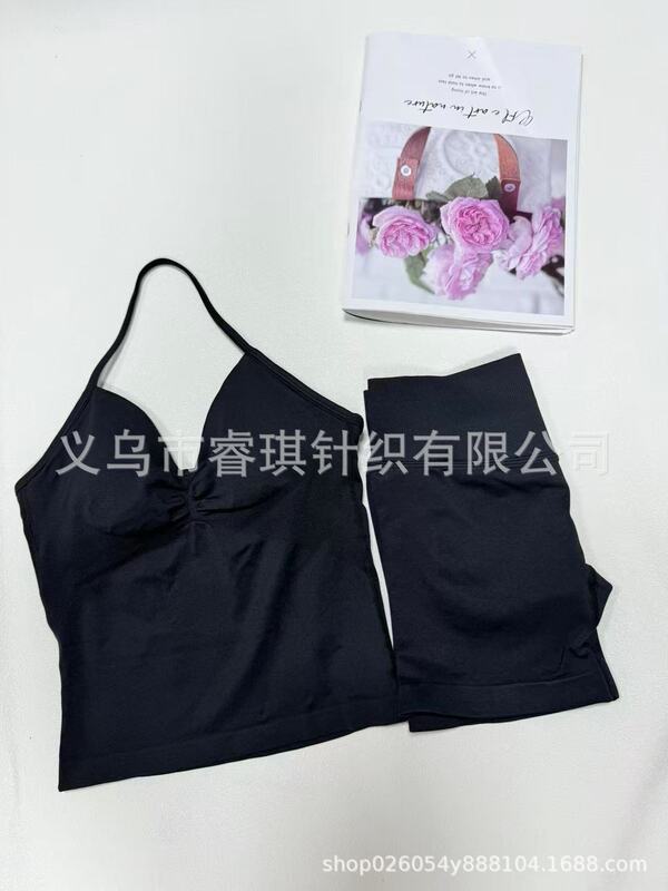 跨境无缝瑜伽挂脖背心 高弹提臀瑜伽健身短裤 长文胸短裤套装批发|undefined