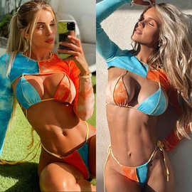 跨镜欧美外贸泳衣三件套长袖泳装比基尼分体撞色拼接绑带亚马逊