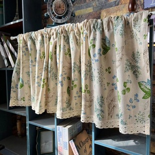 Retro Leaf Cotton and Linen Half Curtain American Mediterranean Scandinavian Door Curtain Small Curtain Dustproof Curtain Bay Window Half Curtain