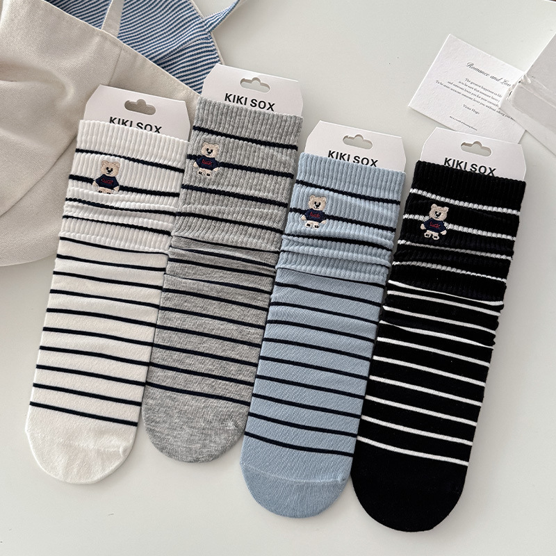 Striped cartoon embroidered bear mid-calf socks for women, suitable for autumn, simple and versatile, Japanese college style casual long socks Striped cartoon embroidered bear mid-calf socks for women, suitable for autumn, simple and versatile, Japanese college style casual long socks