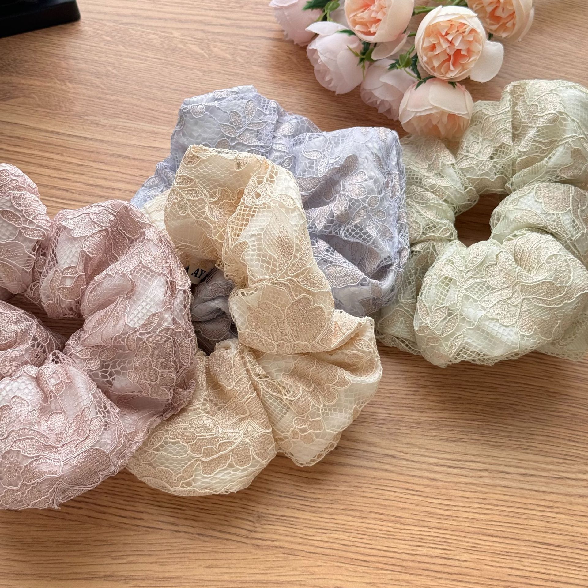 韩国简约百搭布艺镂空绣花复古大肠发圈超仙少女清新丸子头发绳女