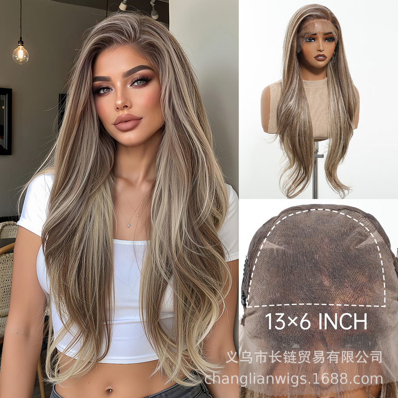 Lace Wig 13*6 Highlighted Brown Fashionable Accessible Luxury High-End Natural Fluffy Long Curly Hair Breathable Free Parting