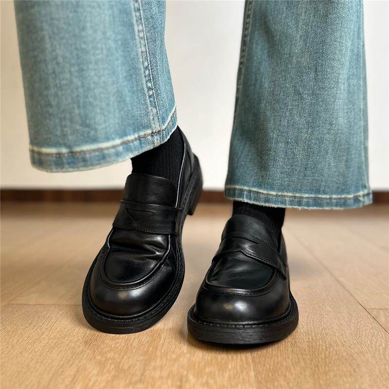 Giày lười nữ da thật Anh, mũi tròn, gót thấp 3–5 cm, đế bằng — màu đen chi tiết 7
