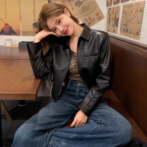 Ladies' Collarless Short Style Fashion PU Leather Jacket New Motorcycle Top Coat