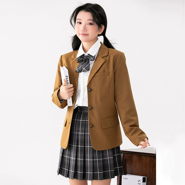 Classic suit jacket, shirt, skirt, bow tie, badge
