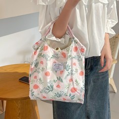 ins韓国の小花柄キャンバスバッグ、ファッショナブルで新鮮な花柄ショルダーバッグ、大容量のショッピングハンドヘルドトートバッグ