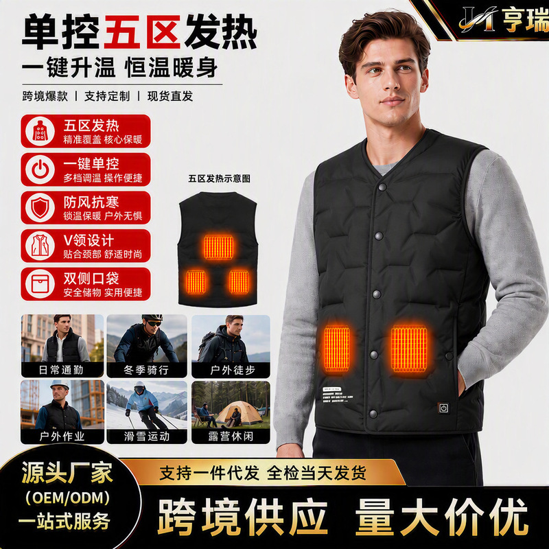 Cross-border winter heated vest, cotton outerwear, outdoor warm V-neck casual vest, 5-zone heating garment, factory direct sales, custom-made Cross-border winter heated vest, cotton outerwear, outdoor warm V-neck casual vest, 5-zone heating garment, factory direct sales, custom-made