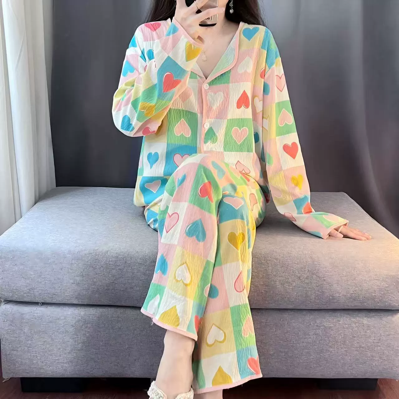 Внешняя торговля, весенне-осенние пижамы для женщин, брюки с длинными рукавами, кардиган с маленькими лацканами с героями мультфильмов, комплект домашней одежды из хлопка с облаками