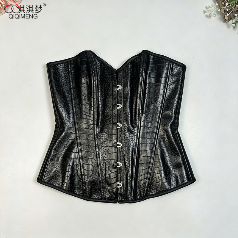 Crocodile Pattern Pu Leather Sexy Glossy Leather Tube Top with a Slimming Effect, High-End Feel, Waist-Cinching, Slim-Fit Outerwear Fishbone Top