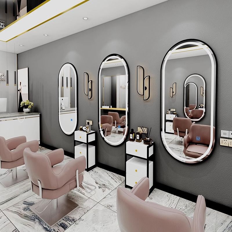 Barbería simple decoración espejo rojo en línea espejo con lámpara marea pared de un solo lado espejo peluquería image 16