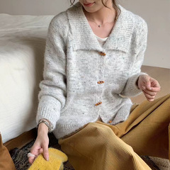 复古杂线花色翻领牛角扣毛衣开衫女秋季新款宽松软糯针织外套上衣
