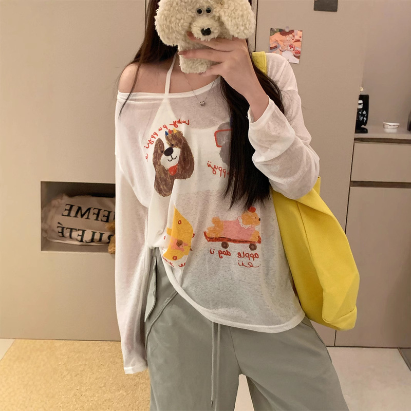 Blouse Women's Summer Thin Relaxed Puppy Print T-Shirt Women's Sun Protection Blouse 2025 Summer Thin Bottoming Top
