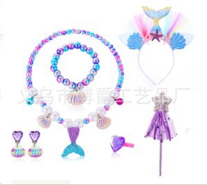 Collar de princesa sirena para niños Pulsera de perlas de concha Varita mágica para niños Accesorios de hadas para niños Traje de rol