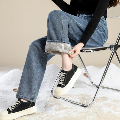 Thick padded denim pants for girls, autumn and winter wear 2025, suitable for middle and high school students, straight leg, loose wide leg