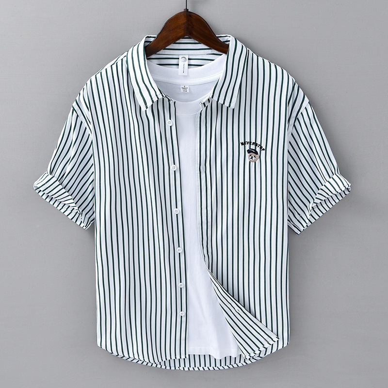 Summer Embroidered Striped Short-sleeved Shirt Men's Thin Casual All-match Japanese Style Fresh Simple Shirt Men's Trendy C04