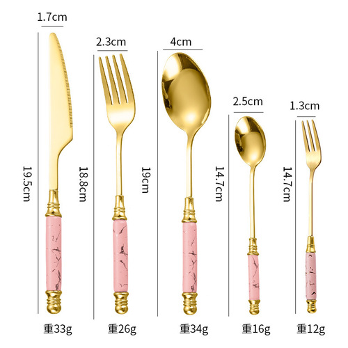 Cross-border stainless steel ceramic handle Western tableware knife, fork and spoon five-piece set with marble handle emerald knife, fork and dessert spoon