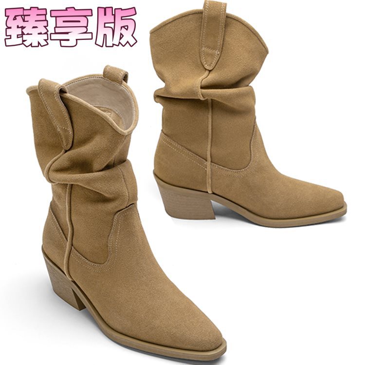 女性用プリーツパイルブーツフレンチ2025秋レトロ軽量ウエスタンカウボーイブーツ四川西部砂漠ショートブーツ女性用|undefined