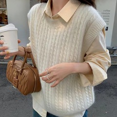 100羊毛针织麻花马甲女秋冬叠穿衬衫外搭坎肩显瘦纯色羊毛背心潮