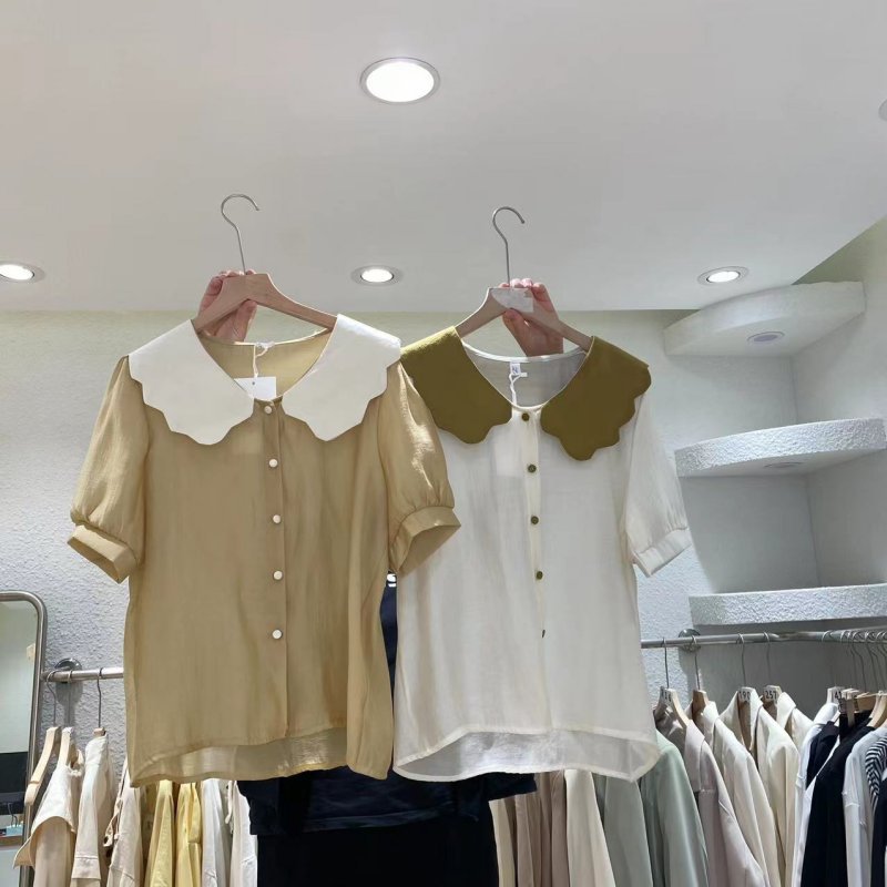 韩国东大门！复古文艺 波浪边娃娃领 设计感短袖衬衫上衣|ru