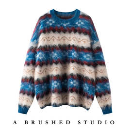 2025年秋冬新款复古100山羊绒圆领针织衫长袖提花拉毛羊绒衫上衣