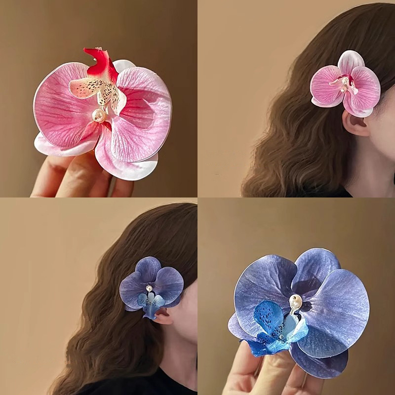 Atmósfera Pink Phalaenopsis Flor Horquilla Playa Vacaciones Viento Cabezal con borde de flor Diseño de nicho Adornos para el cabello dulces
