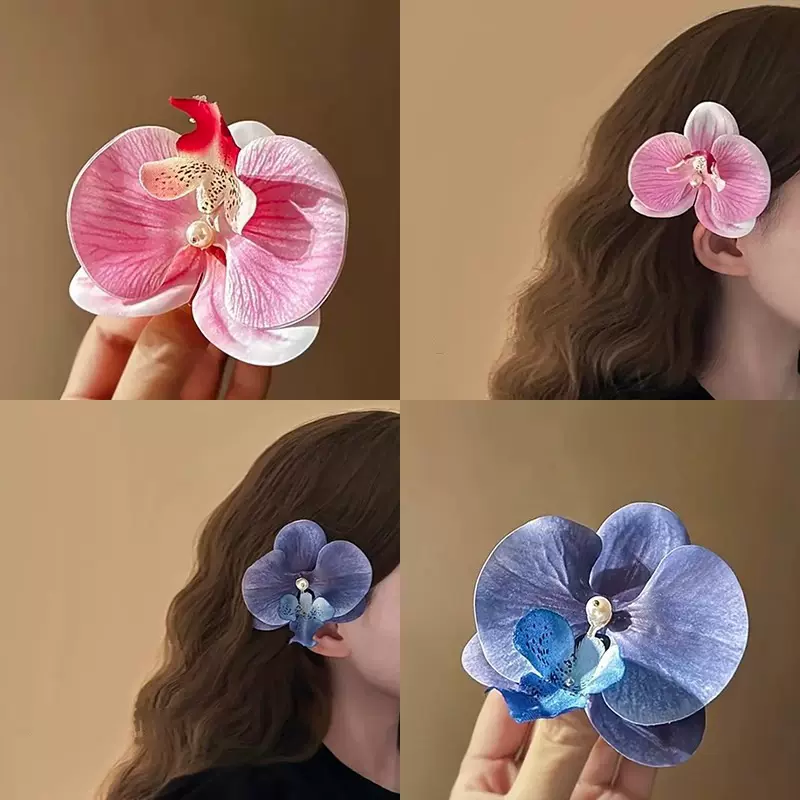 氛围感粉色蝴蝶兰花朵发夹沙滩度假风头花边夹小众设计感甜美发饰