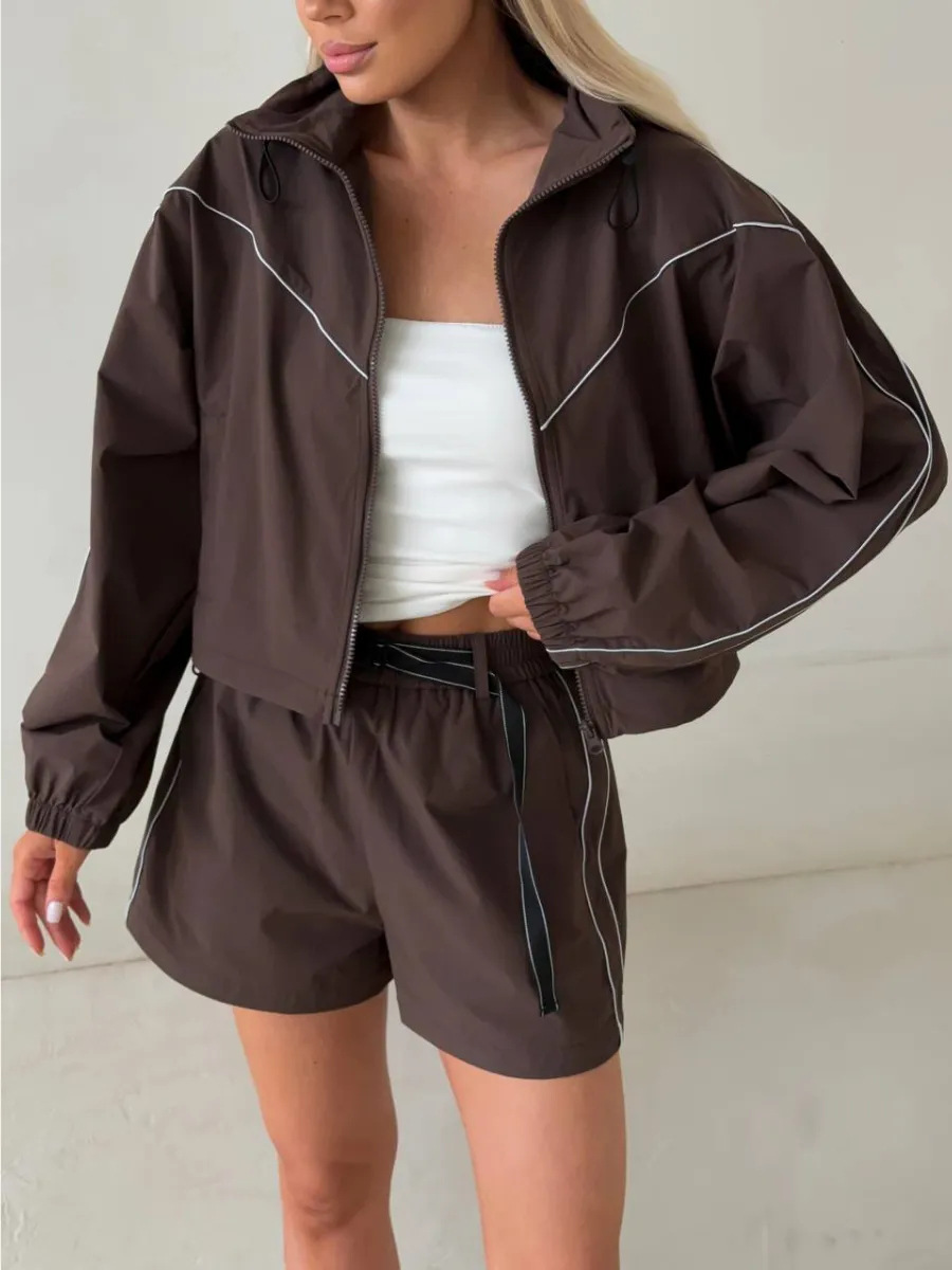 Women's Two Piece Set Solid Long Sleeve Zip Up Cardigan And Shorts_voghion.com