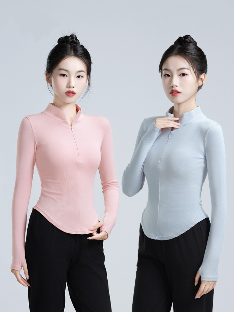 Ropa de baile, ropa de práctica, mujeres adultas, primavera y otoño, cuello alto, top de manga larga, cintura delgada, ropa deportiva, ropa de fitness, top de yoga