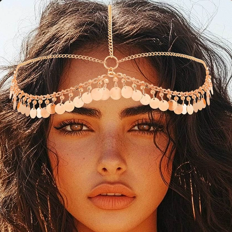 Трансграничная золотая цепочка на лоб, повязка на голову, свадебная повязка на голову, цепочка с блестками, ювелирные изделия, праздничные аксессуары для волос для женщин и девочек.