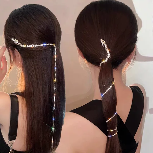 Super Long Tassel Hair Hairpin Personalized Flash Diamond Snake-shaped Headwear Unique Ponytail Coiling Hair Accessories Women's Summer Hairpin Hair Tide
