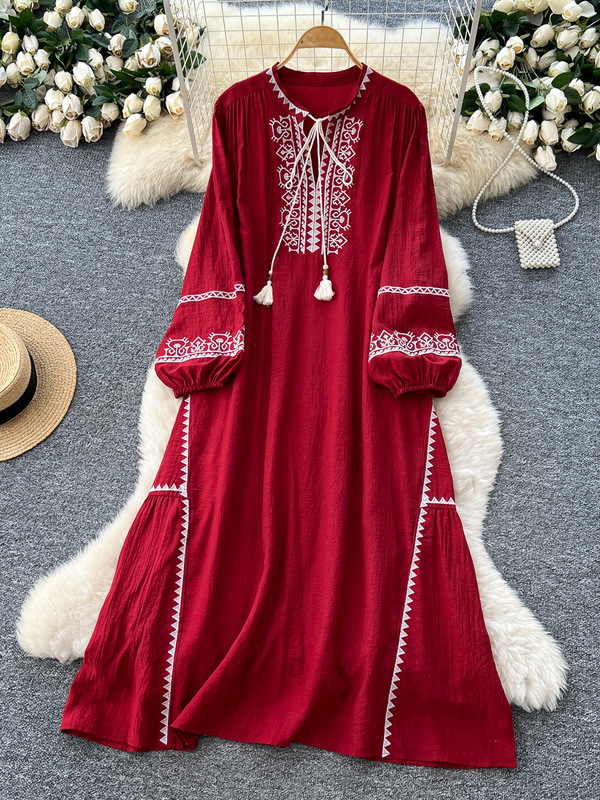 Bohemian Resort Style Dress for Women Niche Retro Heavy Embroider Loose Slimming Look Casual Over-The-Knee Long Skirt