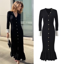 外贸跨境S扣针织鱼尾裙女秋季新款欧美大牌V领长裙撞色长袖连衣裙