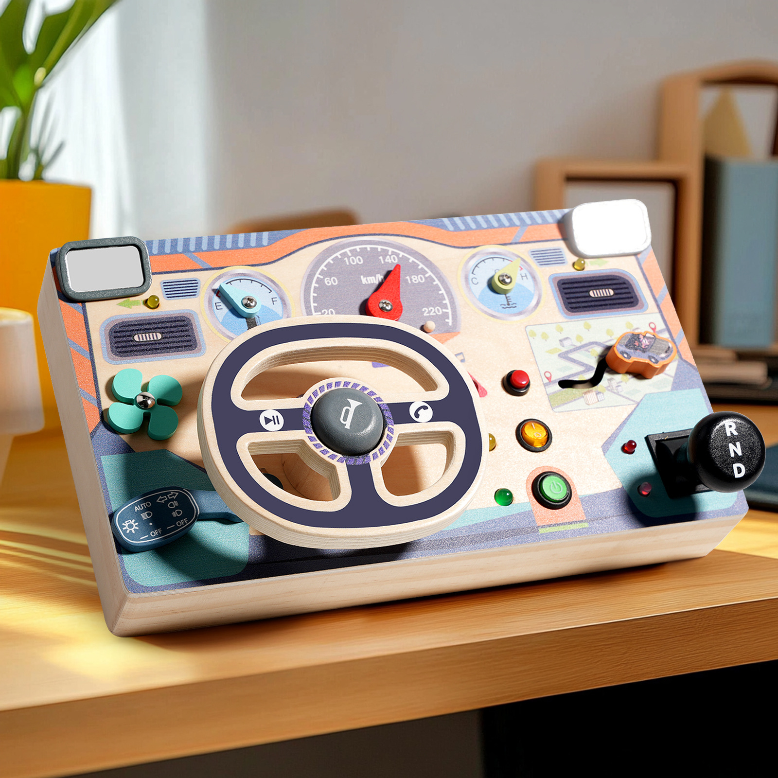 Tablero de actividades Montessori para niños pequeños: volante de coche para el aprendizaje temprano, simulación de conducción, rompecabezas para abrir cerraduras