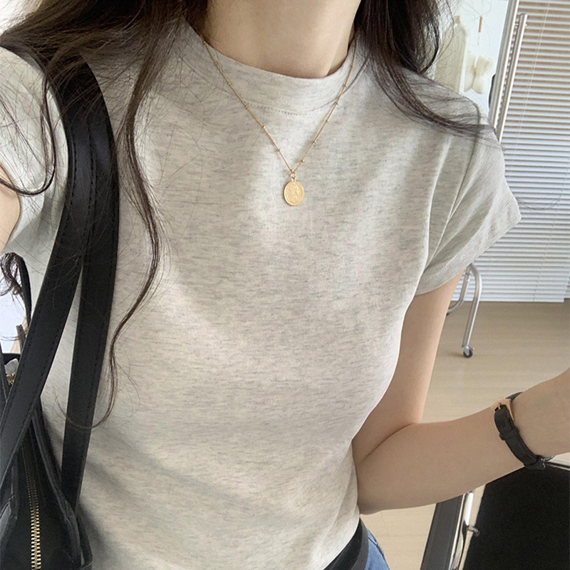 美式正肩灰色长袖T恤女显瘦秋冬新款内搭小众收腰修身打底衫上衣|undefined