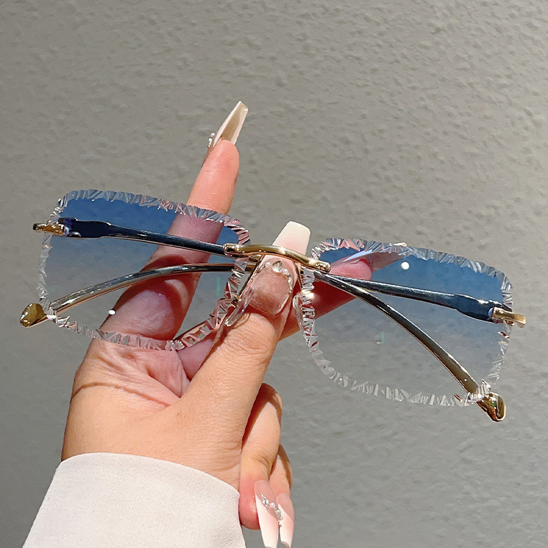 Unbranded Square-Frame Rimless Metal Sunglasses Gold Blue