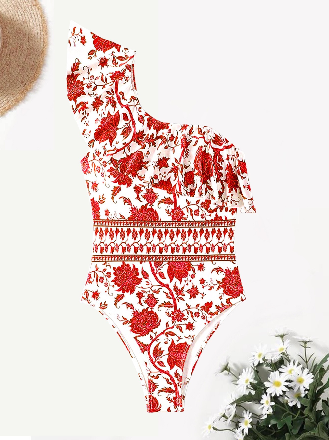 201g Weight Sleeveless Sleeve Length Polyester Fabric Type Regular Top Length Bodysuit Tops Type Swimming Occasion One Shoulder Neckline Skinny Fit Type Flower Pattern Women's Gender Bohemian Style Women's Bohemian Flower One Piece Swimwear 14