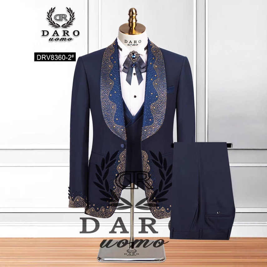 【跨境大码】亚马逊外贸男装烫钻领支持人西装结婚礼服伴郎三件套