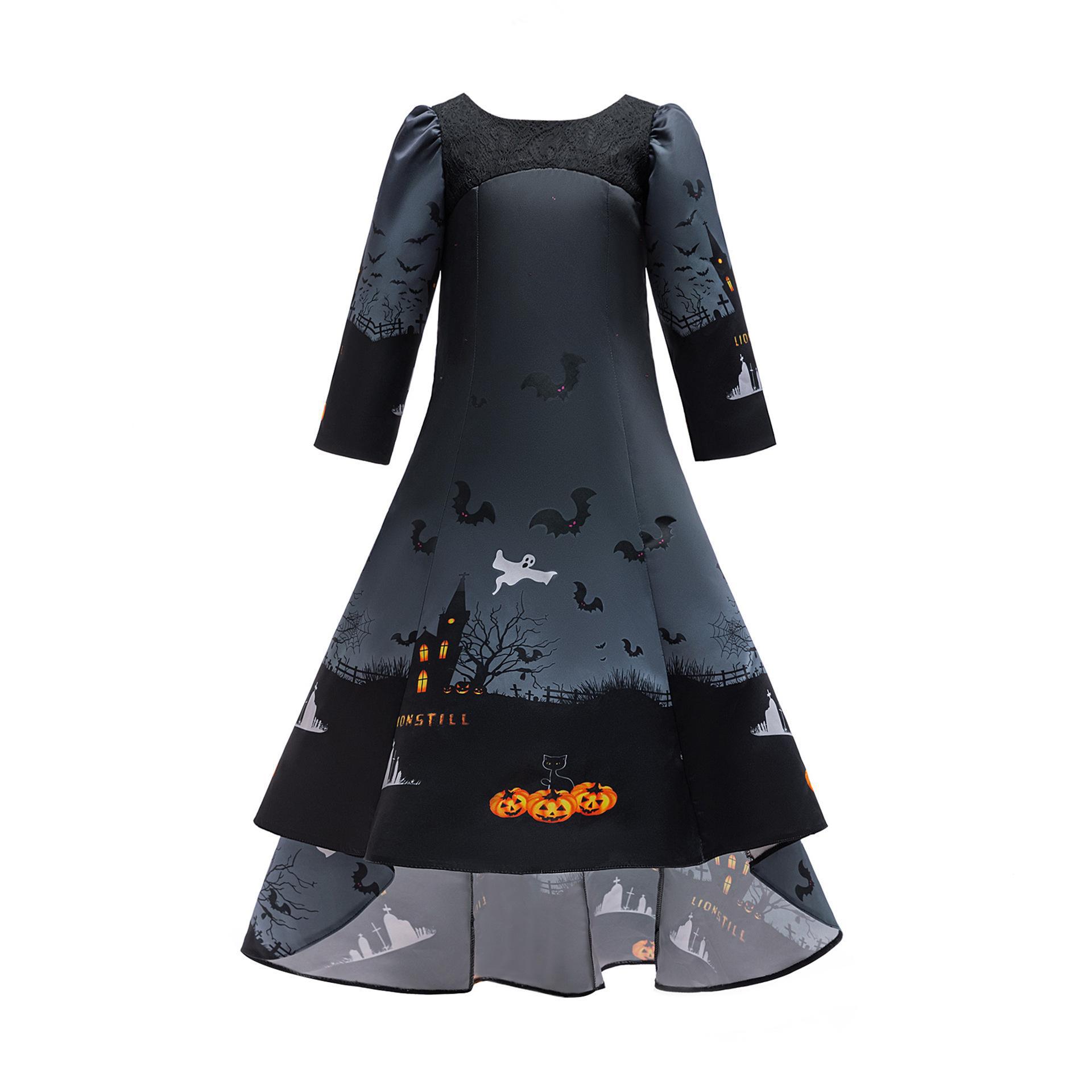 Nuevo cross-border Halloween impresión coswear vestido de satin de manga larga niñas Halloween vestido largo