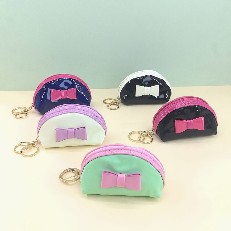 PU Bright Leather Bow Semicircle Coin Purse High-end Sense Ins Lipstick Storage Bag Contrast Color Keychain Mini Bag