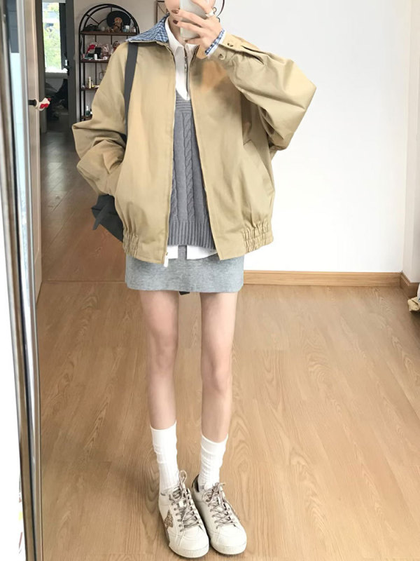 美式复古巴恩风格子拼接工装外套女秋季感宽松翻领开衫夹克潮|undefined