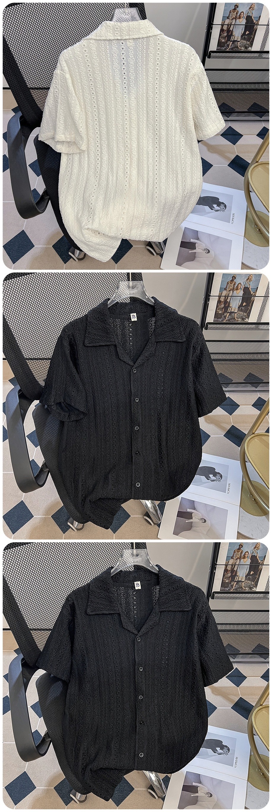 Men's Clothing Men's Thin Casual Cardigan Shirt Summer Trendy Loose Retro Cuban Collar Half Sleeve Wrinkle Resistant Hollowed Out Design_viptrois.com